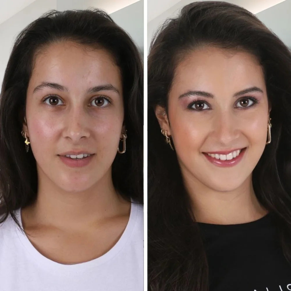 Vorher-Nachher-Foto derselben Person: links ungeschminkt, rechts geschminkt
