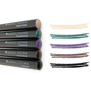 Fünf Mineralissima Eyeliner-Stifte mit Farbstreifen in Creme, Grün, Violett, Braun und Schwarz