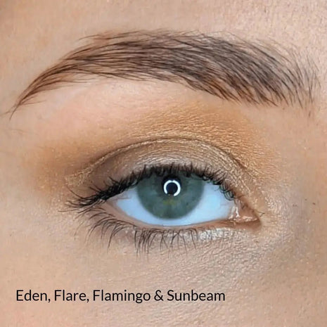 Goldgrüner Eden Lidschatten in einem Augen-Look mit Flare, Flamingo und Sunbeam